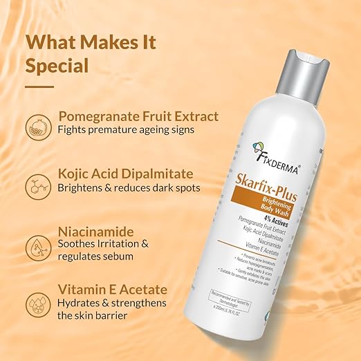 Fixderma Skarfix Plus Brightening Body Wash with 4% Actives (Kojic Acid, Niacinamide Acid, & Vitamin E) | Skin Brightening Body Wash Shower Gel Women & Men | For Hyperpigmentation & Acne Marks - 200ml