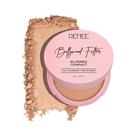 RENEE Bollywood Filter Blurring Compact - Fudge Fuzz | Pore Minimising, Matte Finish, Full Coverage, Rich Pay-off | Blurs Pores & Blemishes | 9g