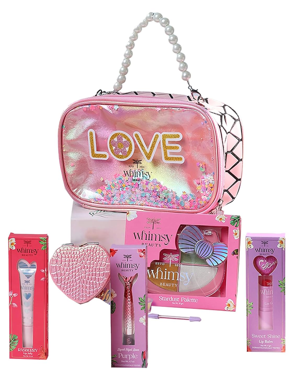 Whimsy Beauty Glam-On Beauty Kit | Safe Beauty Set for Girls & Teens | Lip Balm, Lip Jelly, Eyeliner & Eye Shadow Palette