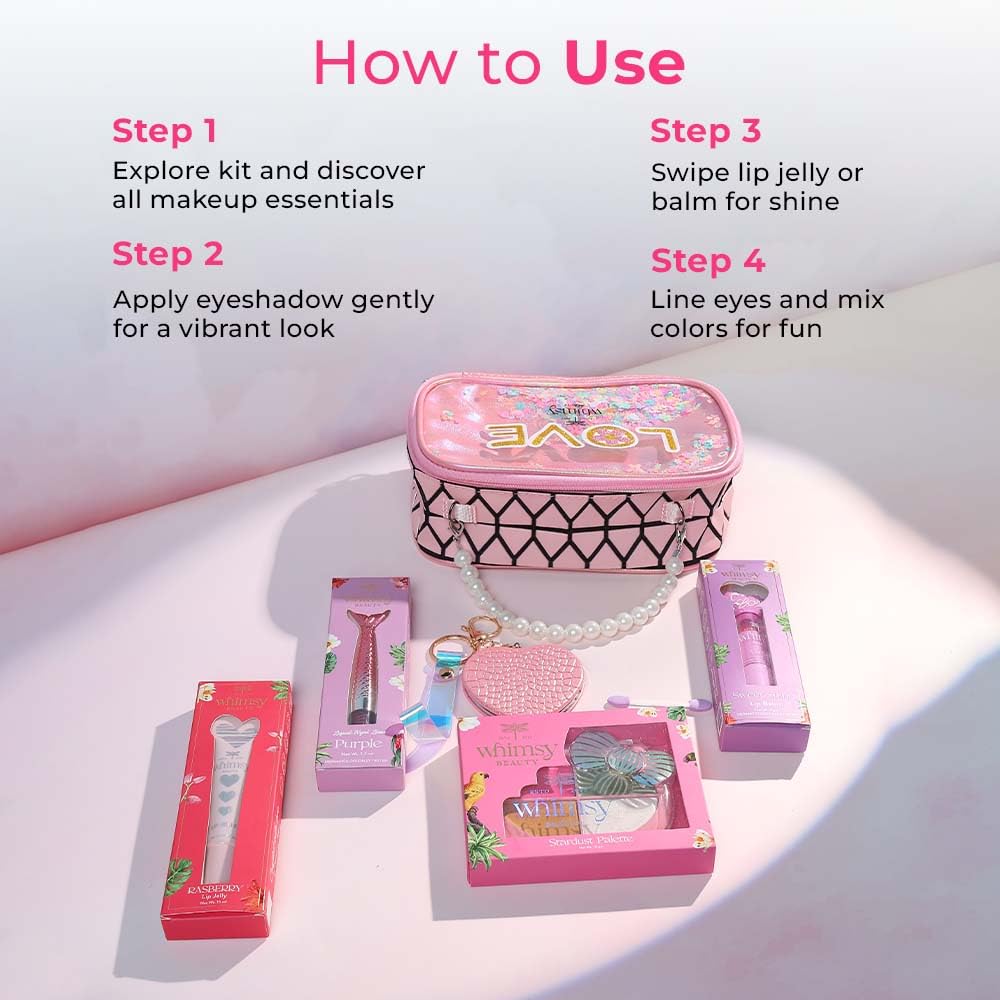 Whimsy Beauty Glam-On Beauty Kit | Safe Beauty Set for Girls & Teens | Lip Balm, Lip Jelly, Eyeliner & Eye Shadow Palette