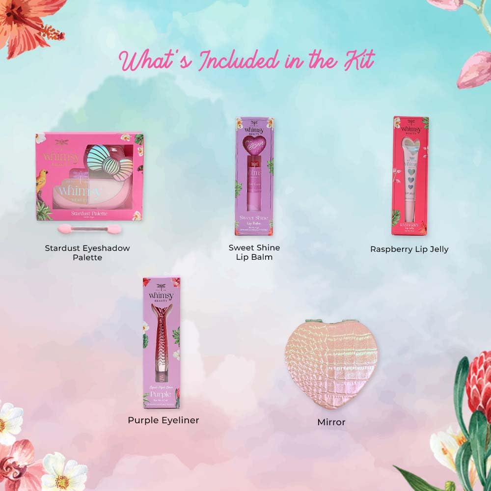 Whimsy Beauty Glam-On Beauty Kit | Safe Beauty Set for Girls & Teens | Lip Balm, Lip Jelly, Eyeliner & Eye Shadow Palette