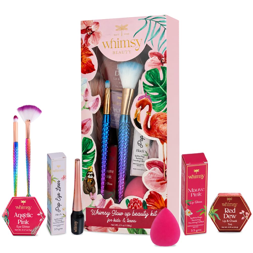 Whimsy Beauty Organic & Safe Glow-Up Makeup Kit for Girls & Teens| Safe, Non-Toxic Beauty Set for Girls & Teens | Eye Glitter, Lip Cheek Tint, Lip Gloss,Eye Liner and Mermaid Brushes