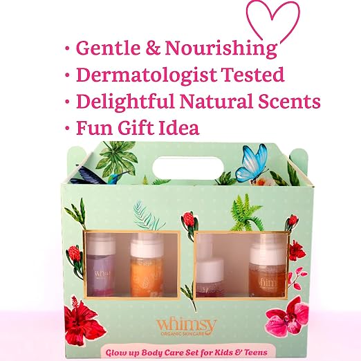 Whimsy Beauty Glow Up Body Care Set  | Foaming Body Wash, Face Wash, Moisturizer & SPF 50 Sunscreen Spray | Gentle Skincare with Aloe Vera, Shea Butter & Vitamin E | 4 to 16 Years |