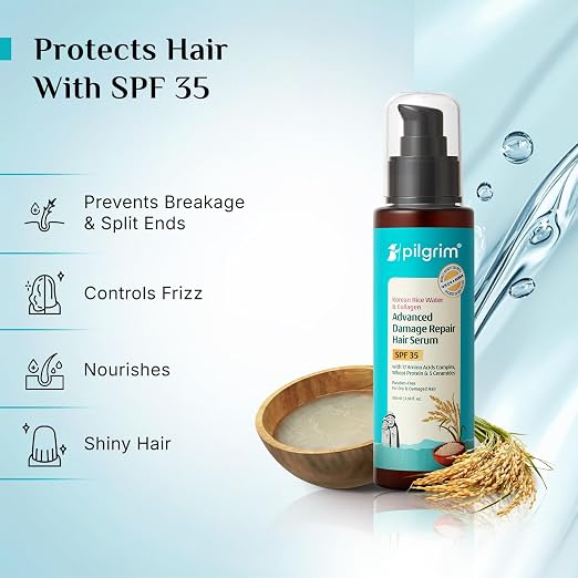 Pilgrim Korean Rice Water & Collagen Advanced Damage Repair Hair Serum SPF 35 with 17 Amino Acids Complex, Wheat Protein & 5 Ceramides - 100ml