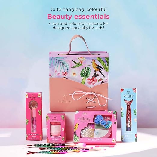 Whimsy Beauty Pretty Hang Bag Beauty Kit | Non-Toxic Beauty Set for Kids & Pre-Teens |Lip Gloss, Lip Tint, Eyeliner, Eyeshadow Palette, Mermaid Brushes & Puff Blender |Vegan & Cruelty-Free