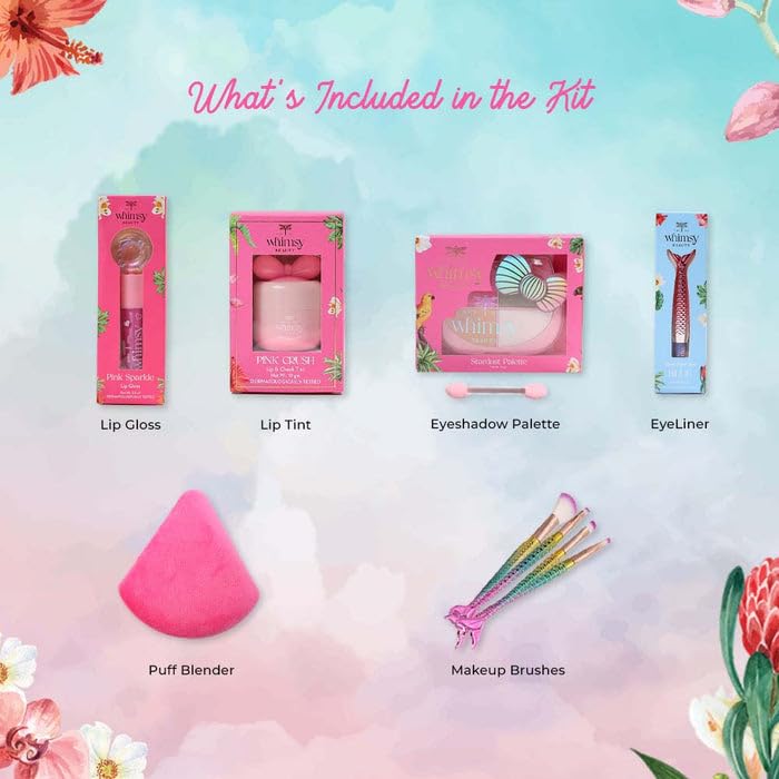 Whimsy Beauty Pretty Hang Bag Beauty Kit | Non-Toxic Beauty Set for Kids & Pre-Teens |Lip Gloss, Lip Tint, Eyeliner, Eyeshadow Palette, Mermaid Brushes & Puff Blender |Vegan & Cruelty-Free