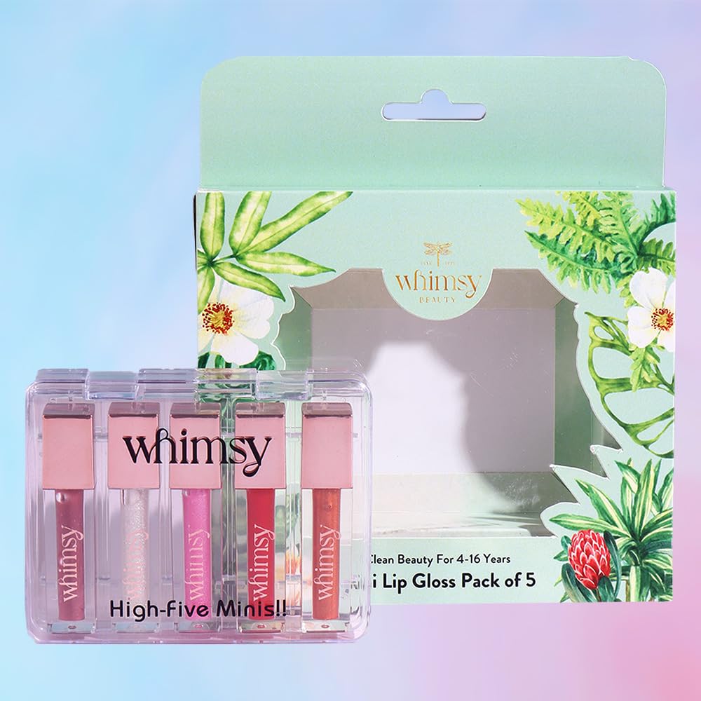Whimsy Beauty Kids Lip Gloss Set | 5 Moisturizing Lip Glosses with Vitamin E, Shea Butter & Jojoba Oil | Non-Toxic Lip Gloss Kit for Girls, Kids & Pre-Teens | Pretend Play Pack