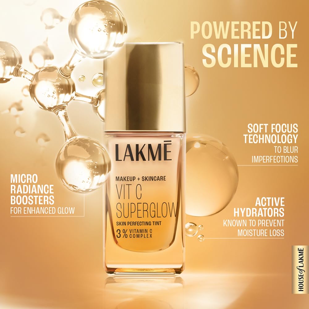 LAKMÉ Medium Coverage Natural Liquid For All Skin Makeup+Skincare Vitc Superglow Skin Perfecting Tint