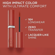 L'Oréal Paris Infallible Laque Resistance Lacquer-Like Shine Finish. 16H longwear lacquer lipstick. High-impact color, zero transfer
