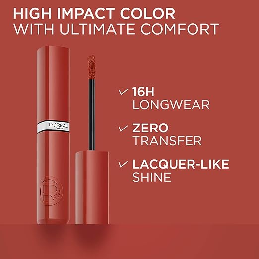 L'Oréal Paris Infallible Laque Resistance Lacquer-Like Shine Finish. 16H longwear lacquer lipstick. High-impact color, zero transfer