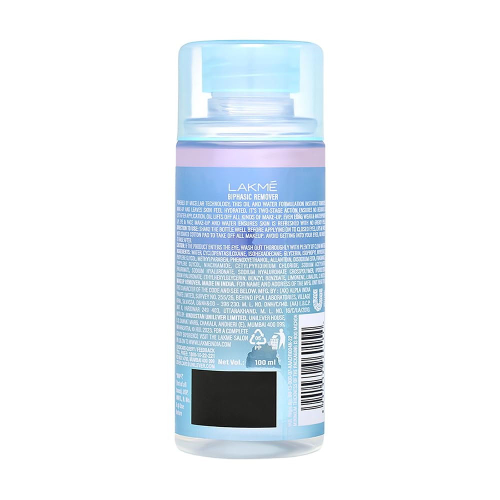 Lakme Biphasic Micellar Face Cleansing Water 100ml | Removes Waterproof Makeup | Oil and Water Formula