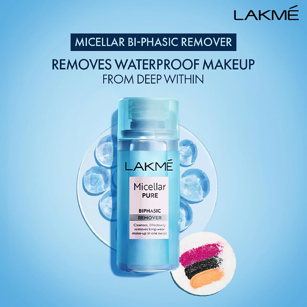 Lakme Biphasic Micellar Face Cleansing Water 100ml | Removes Waterproof Makeup | Oil and Water Formula