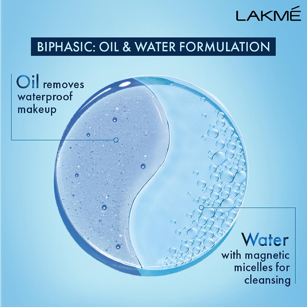 Lakme Biphasic Micellar Face Cleansing Water 100ml | Removes Waterproof Makeup | Oil and Water Formula