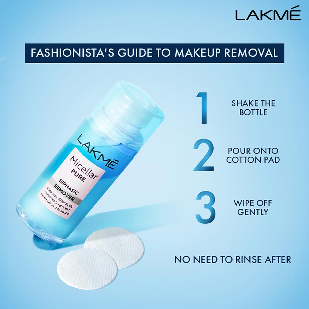 Lakme Biphasic Micellar Face Cleansing Water 100ml | Removes Waterproof Makeup | Oil and Water Formula