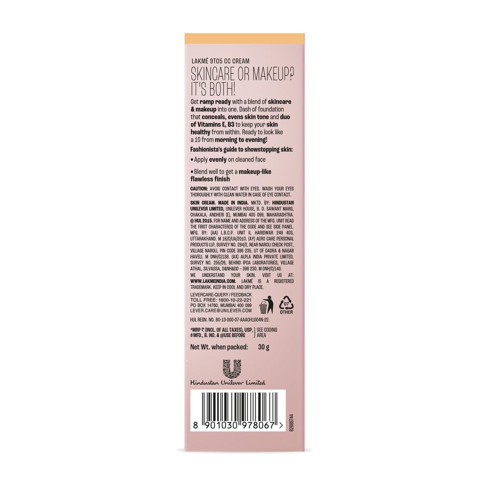 Lakme 9 to 5 CC Cream Beige with 3% Niacinamide Complex SPF30 PA++