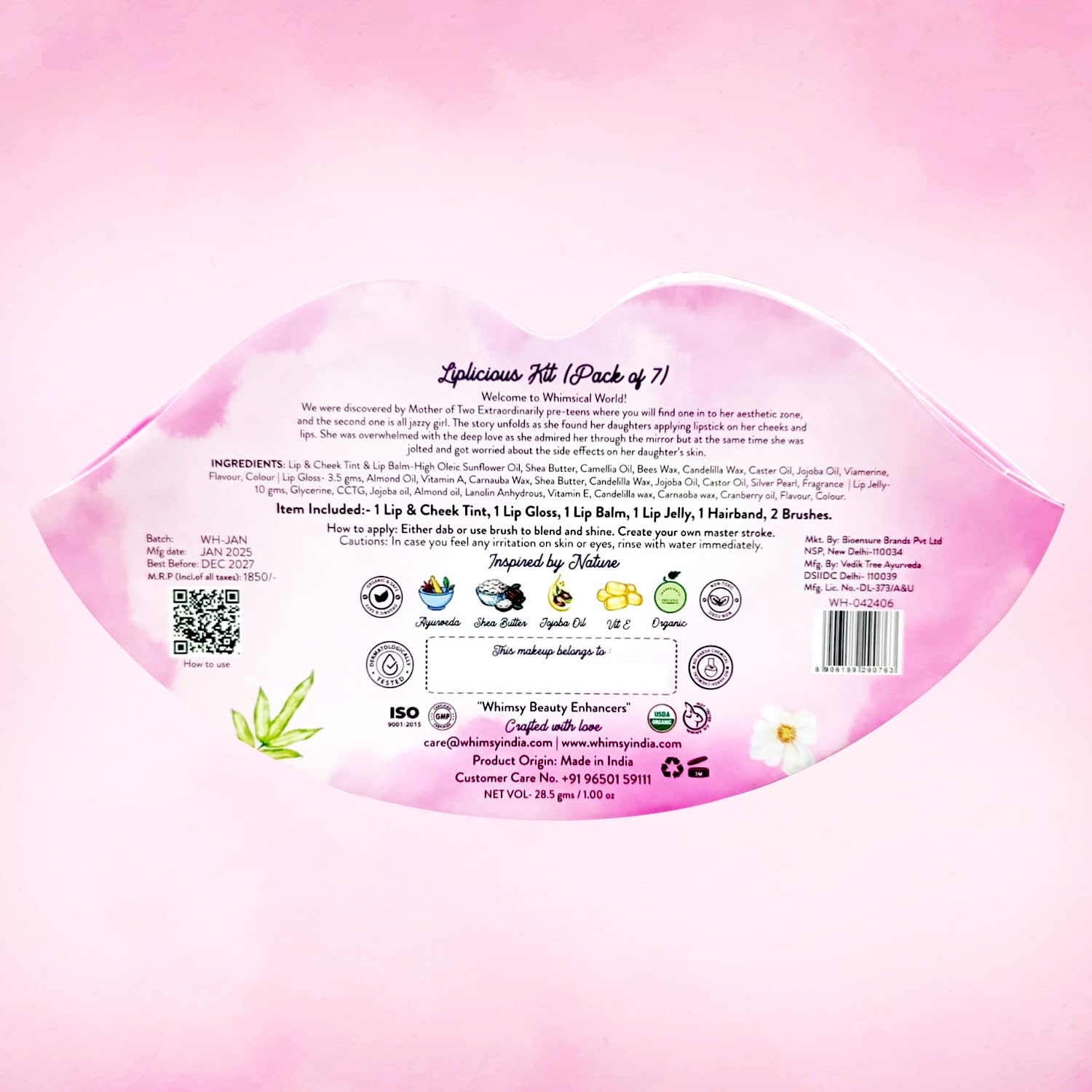 Whimsy Beauty Liplicious Beauty Kit | Safe & Fun Makeup Set for Girls, Preteens & Teenagers | Includes Lip & Cheek Tint, Lip Balm, Lip Gloss, Lip Jelly, Mermaid Brushes & Hair Band
