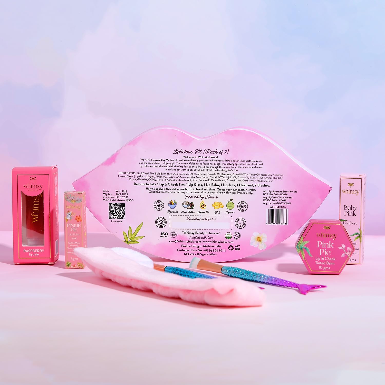Whimsy Beauty Liplicious Beauty Kit | Safe & Fun Makeup Set for Girls, Preteens & Teenagers | Includes Lip & Cheek Tint, Lip Balm, Lip Gloss, Lip Jelly, Mermaid Brushes & Hair Band