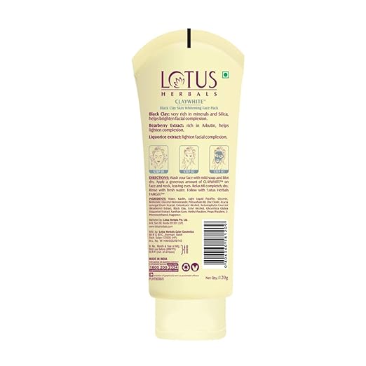 Lotus Herbals Claywhite Black Clay Face Pack | Detans Skin & Unclogs Pores | 120g