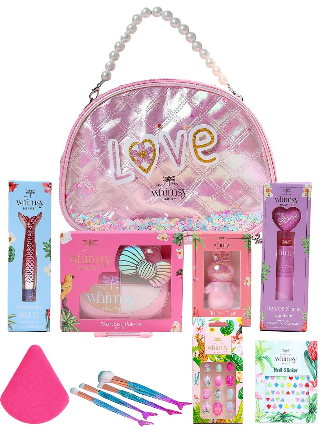 Whimsy Beauty Love Vanity Beauty Kit | Non Toxic Beauty Set for Kids & Pre-Teens | Eyeshadow Palette, Eyeliner, Lip Tint, Lip Gloss, Press-On Nails, Nail Stickers, Brushes & Puff Blender
