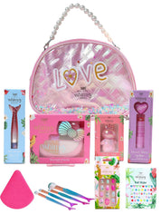 Whimsy Beauty Love Vanity Beauty Kit | Non Toxic Beauty Set for Kids & Pre-Teens | Eyeshadow Palette, Eyeliner, Lip Tint, Lip Gloss, Press-On Nails, Nail Stickers, Brushes & Puff Blender