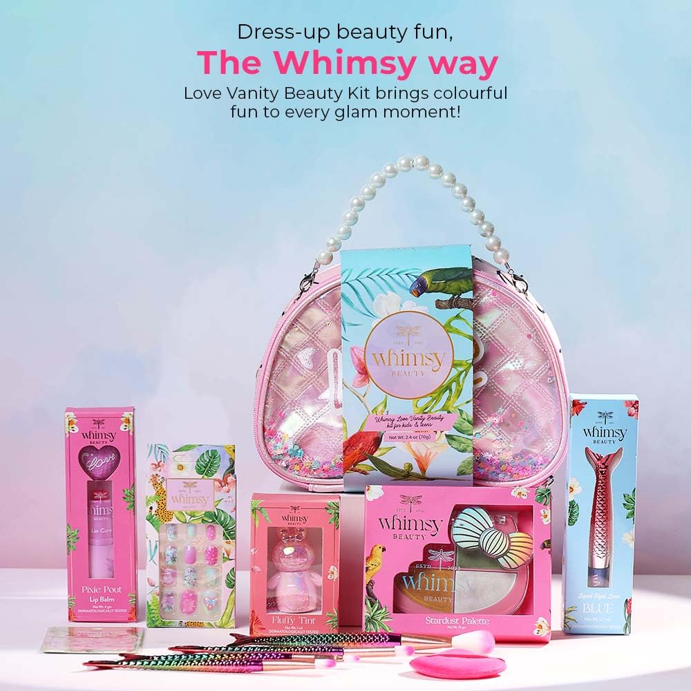 Whimsy Beauty Love Vanity Beauty Kit | Non Toxic Beauty Set for Kids & Pre-Teens | Eyeshadow Palette, Eyeliner, Lip Tint, Lip Gloss, Press-On Nails, Nail Stickers, Brushes & Puff Blender
