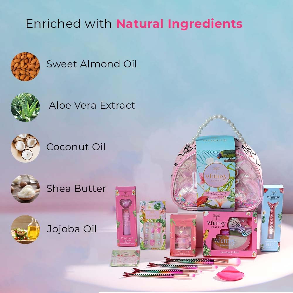 Whimsy Beauty Love Vanity Beauty Kit | Non Toxic Beauty Set for Kids & Pre-Teens | Eyeshadow Palette, Eyeliner, Lip Tint, Lip Gloss, Press-On Nails, Nail Stickers, Brushes & Puff Blender