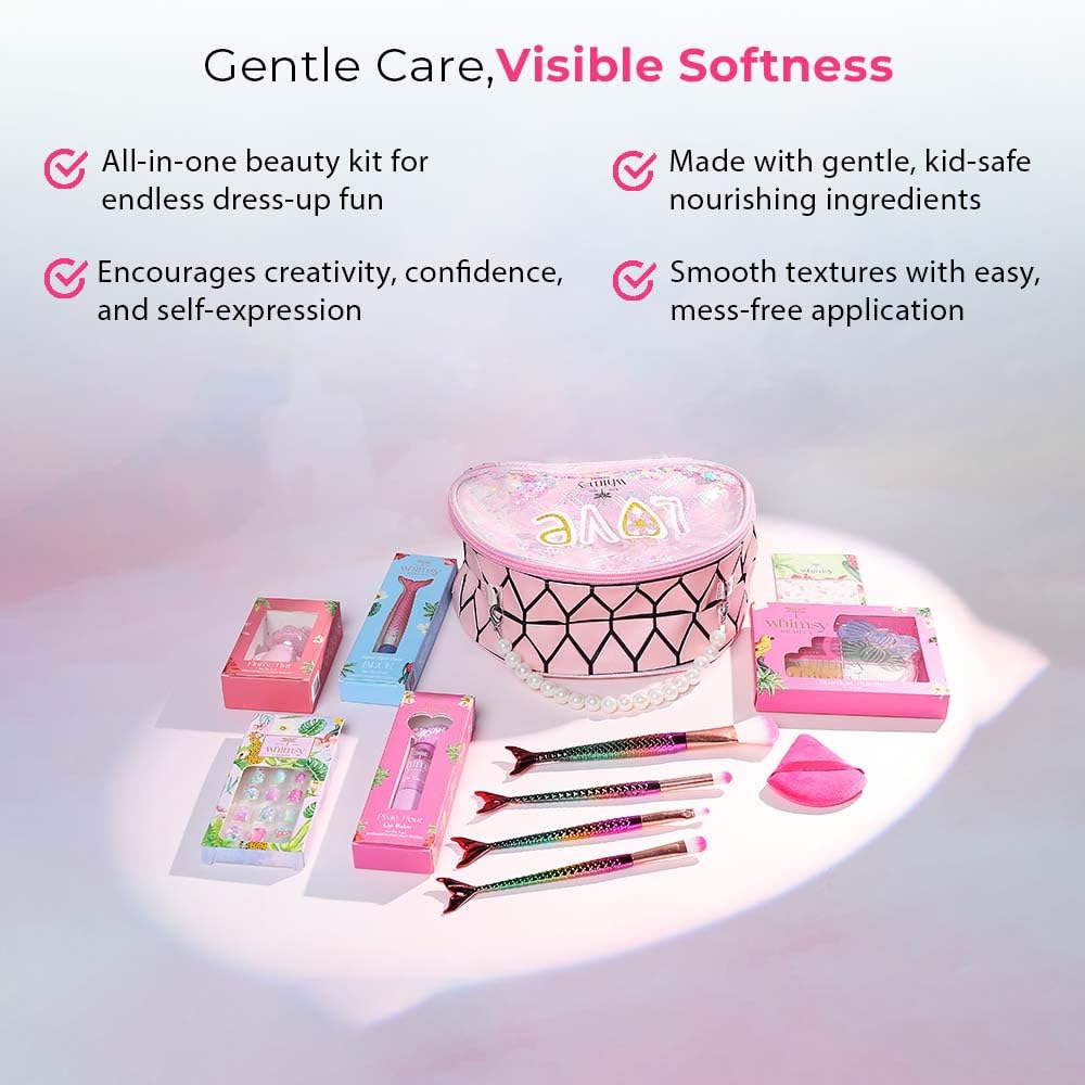 Whimsy Beauty Love Vanity Beauty Kit | Non Toxic Beauty Set for Kids & Pre-Teens | Eyeshadow Palette, Eyeliner, Lip Tint, Lip Gloss, Press-On Nails, Nail Stickers, Brushes & Puff Blender