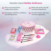 Whimsy Beauty Love Vanity Beauty Kit | Non Toxic Beauty Set for Kids & Pre-Teens | Eyeshadow Palette, Eyeliner, Lip Tint, Lip Gloss, Press-On Nails, Nail Stickers, Brushes & Puff Blender