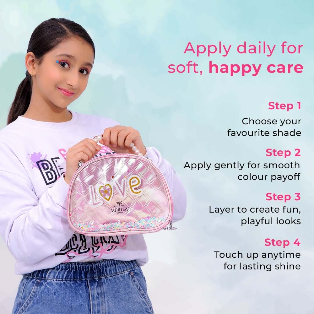 Whimsy Beauty Love Vanity Beauty Kit | Non Toxic Beauty Set for Kids & Pre-Teens | Eyeshadow Palette, Eyeliner, Lip Tint, Lip Gloss, Press-On Nails, Nail Stickers, Brushes & Puff Blender