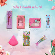 Whimsy Beauty Love Vanity Beauty Kit | Non Toxic Beauty Set for Kids & Pre-Teens | Eyeshadow Palette, Eyeliner, Lip Tint, Lip Gloss, Press-On Nails, Nail Stickers, Brushes & Puff Blender