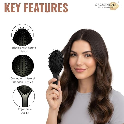 Bamboo Hair Brush LUXE Black, Wooden Bristles,Matte Finish, 100% Anti-Static, Anti-Frizz