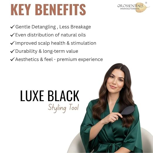 Bamboo Hair Brush LUXE Black, Wooden Bristles,Matte Finish, 100% Anti-Static, Anti-Frizz