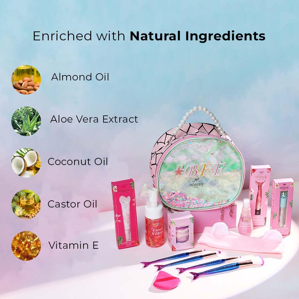 Whimsy Beauty Glow Magic Beauty Kit | Safe Beauty Set for Girls & Teens | Eyeliner, Lip Tint, Lip Jelly, Lip Gloss, Face Wash & Body Mist