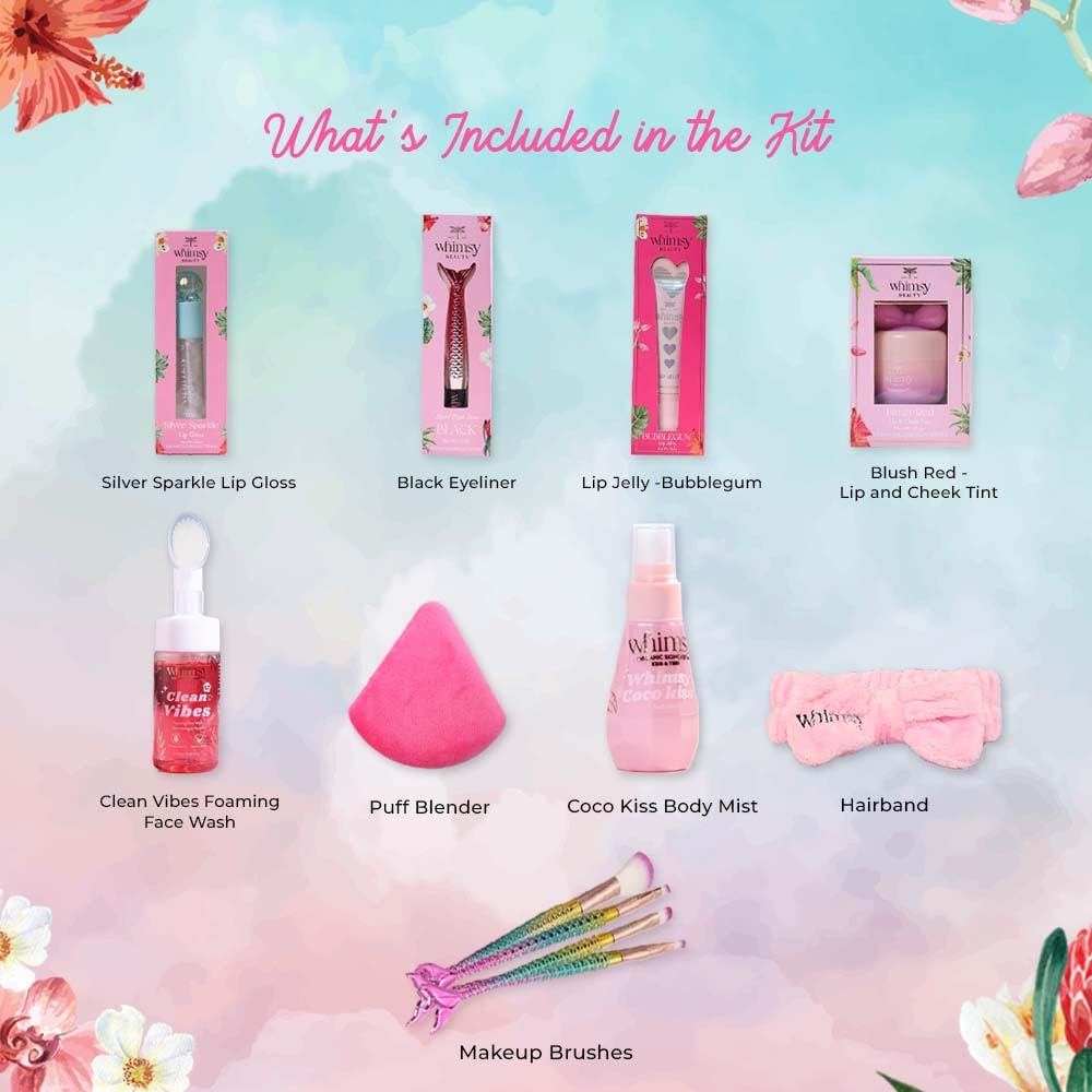 Whimsy Beauty Glow Magic Beauty Kit | Safe Beauty Set for Girls & Teens | Eyeliner, Lip Tint, Lip Jelly, Lip Gloss, Face Wash & Body Mist