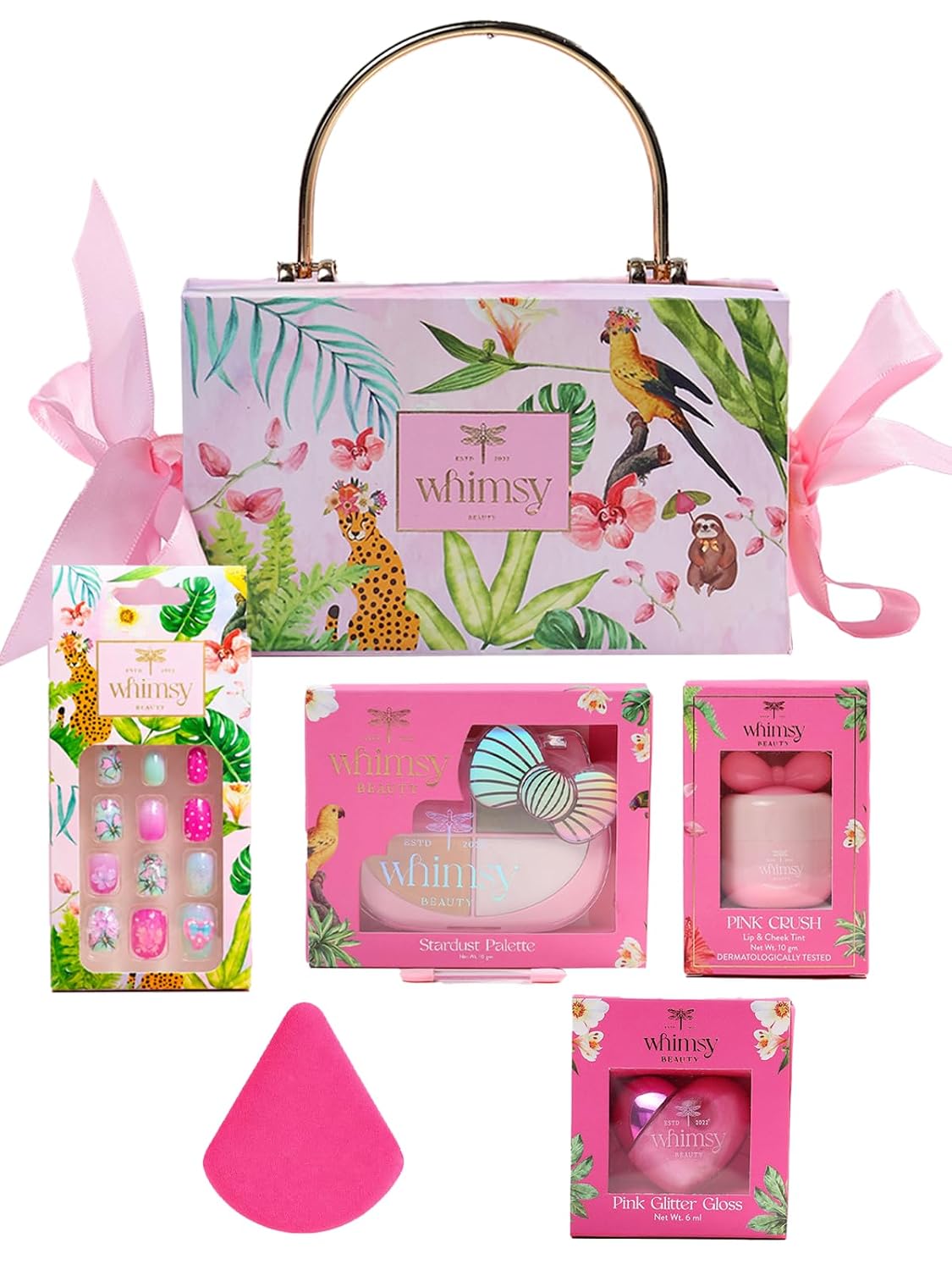 Whimsy Beauty Magical Clutch Beauty Kit | Safe, Non-Toxic Beauty Set for Kids & Pre-Teens |Eye Shadow Palette, Lip Tint, Lip Gloss, Press-On Nails & Puff Blender | Vegan & Cruelty-Free