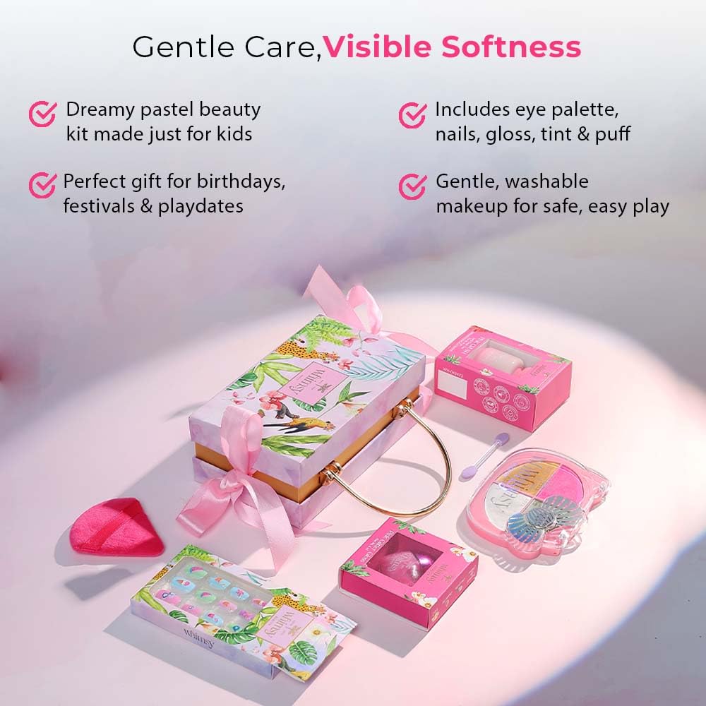 Whimsy Beauty Magical Clutch Beauty Kit | Safe, Non-Toxic Beauty Set for Kids & Pre-Teens |Eye Shadow Palette, Lip Tint, Lip Gloss, Press-On Nails & Puff Blender | Vegan & Cruelty-Free