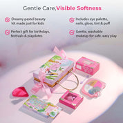 Whimsy Beauty Magical Clutch Beauty Kit | Safe, Non-Toxic Beauty Set for Kids & Pre-Teens |Eye Shadow Palette, Lip Tint, Lip Gloss, Press-On Nails & Puff Blender | Vegan & Cruelty-Free