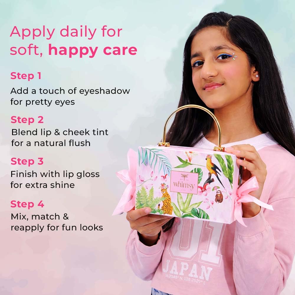 Whimsy Beauty Magical Clutch Beauty Kit | Safe, Non-Toxic Beauty Set for Kids & Pre-Teens |Eye Shadow Palette, Lip Tint, Lip Gloss, Press-On Nails & Puff Blender | Vegan & Cruelty-Free