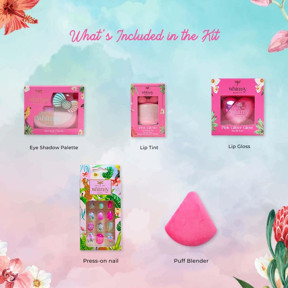 Whimsy Beauty Magical Clutch Beauty Kit | Safe, Non-Toxic Beauty Set for Kids & Pre-Teens |Eye Shadow Palette, Lip Tint, Lip Gloss, Press-On Nails & Puff Blender | Vegan & Cruelty-Free