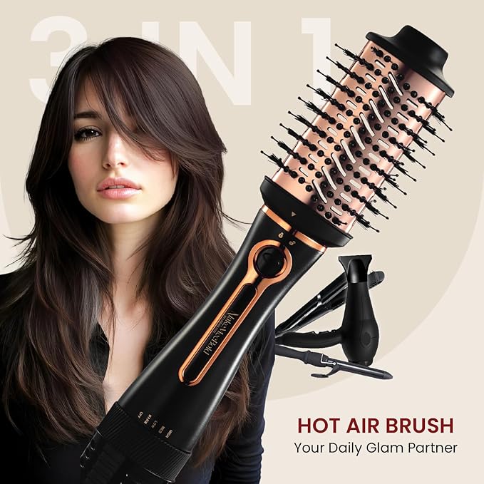 MakeMeeBold 3-in-1 Hot Air Brush | Hair Dryer, Straightener & Volumizer | 1.5-Inch Barrel | 1200W Blow Dryer Brush with Ceramic Coating | For All Hair Types | Gifts for woman (Black - Rose Gold)