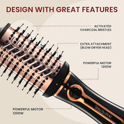 MakeMeeBold 3-in-1 Hot Air Brush | Hair Dryer, Straightener & Volumizer | 1.5-Inch Barrel | 1200W Blow Dryer Brush with Ceramic Coating | For All Hair Types | Gifts for woman (Black - Rose Gold)