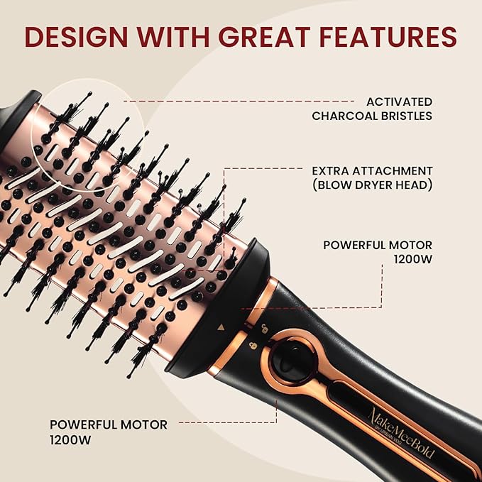MakeMeeBold 3-in-1 Hot Air Brush | Hair Dryer, Straightener & Volumizer | 1.5-Inch Barrel | 1200W Blow Dryer Brush with Ceramic Coating | For All Hair Types | Gifts for woman (Black - Rose Gold)
