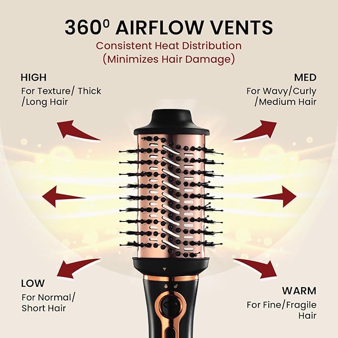 MakeMeeBold 3-in-1 Hot Air Brush | Hair Dryer, Straightener & Volumizer | 1.5-Inch Barrel | 1200W Blow Dryer Brush with Ceramic Coating | For All Hair Types | Gifts for woman (Black - Rose Gold)