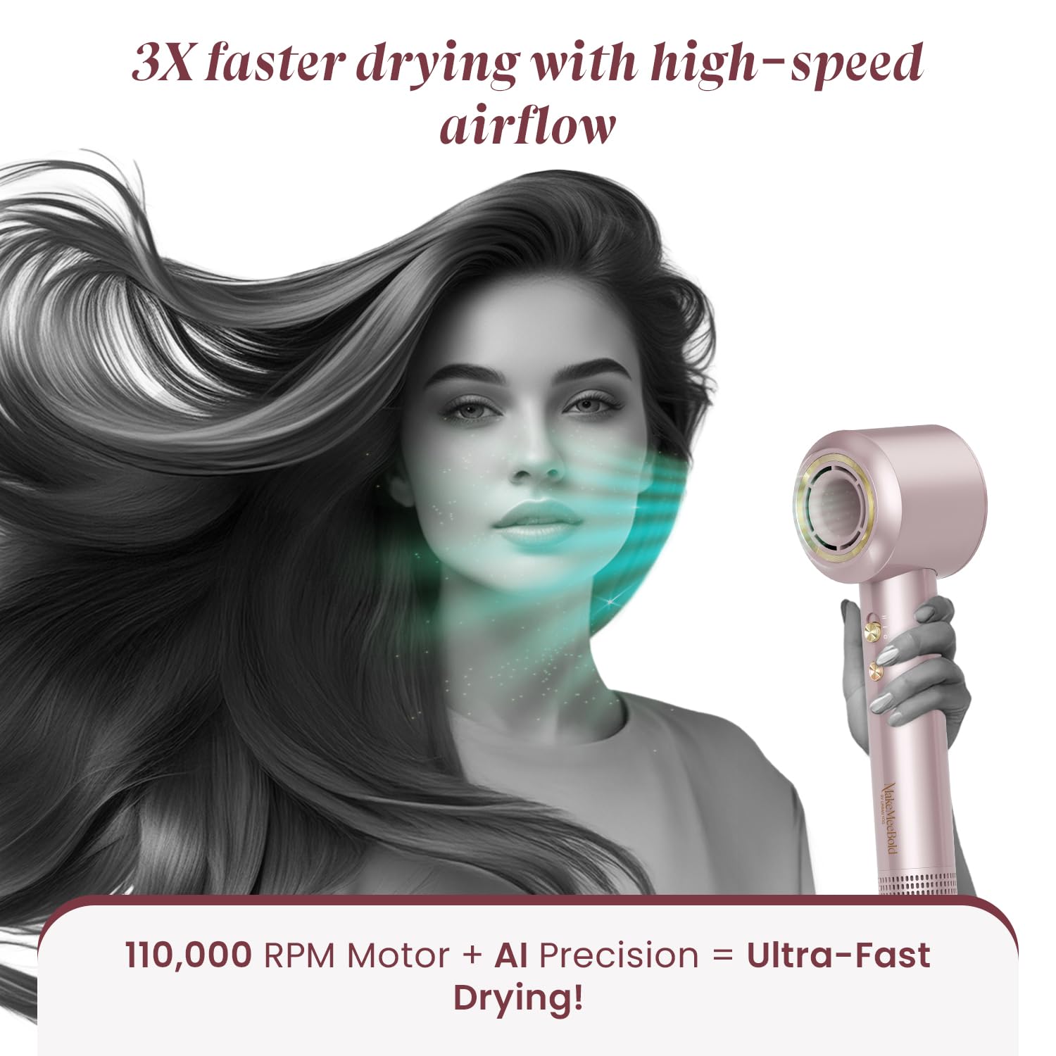 MakeMeebold Make Mee Bold Swift High-Speed Hair Dryer | 110,000 RPM Motor | 3X Faster Drying | 4 Modes with AI Smart Heat Control | Lightweight & Quiet Hair Dryer with Magnetic Concentrator | Frizz-Free Shine | Gifts for woman