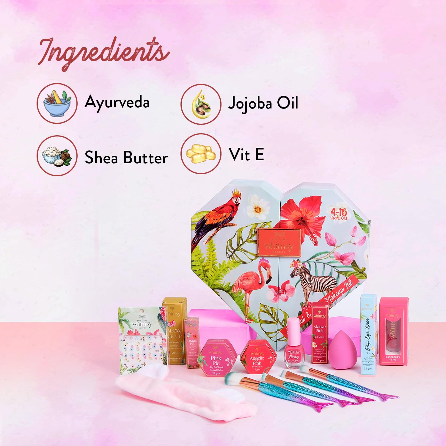 Whimsy Beauty Organic & Safe Make U Pretty Makeup Kit| Safe, Non-Toxic Beauty Set for Girls & Teens | Eye Glitter, Lip Cheek Tint, Lip Gloss,Eye Liner, Nail Paint and Mermaid Brushes