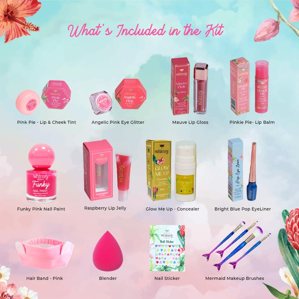 Whimsy Beauty Organic & Safe Make U Pretty Makeup Kit| Safe, Non-Toxic Beauty Set for Girls & Teens | Eye Glitter, Lip Cheek Tint, Lip Gloss,Eye Liner, Nail Paint and Mermaid Brushes