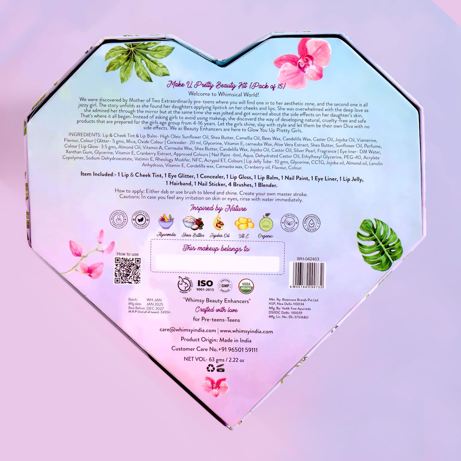 Whimsy Beauty Organic & Safe Make U Pretty Makeup Kit| Safe, Non-Toxic Beauty Set for Girls & Teens | Eye Glitter, Lip Cheek Tint, Lip Gloss,Eye Liner, Nail Paint and Mermaid Brushes