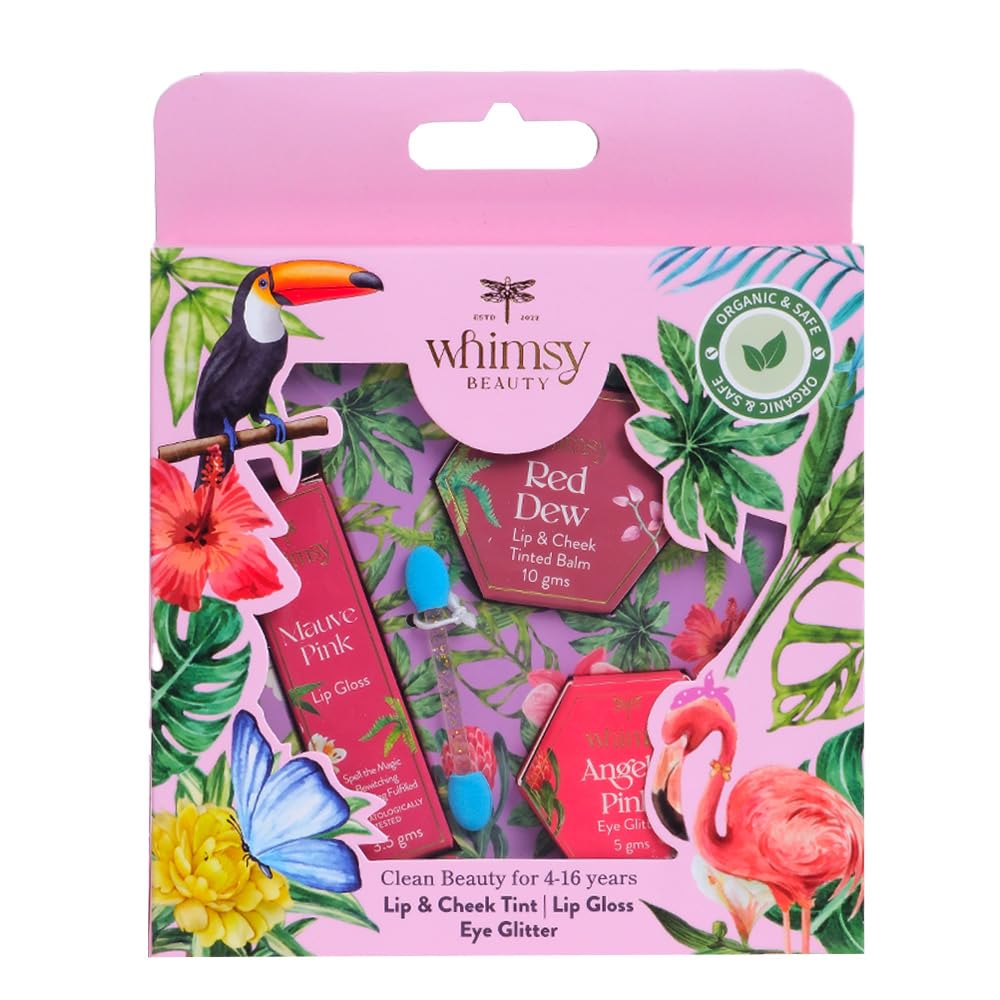 Whimsy Beauty Organic & Safe Kids Makeup Kit | Safe, Non-Toxic Beauty Set for Girls | Includes Lip & Cheek Tint, Lightweight Lip Gloss & Water-Washable Eye Glitter | Birthday Gift