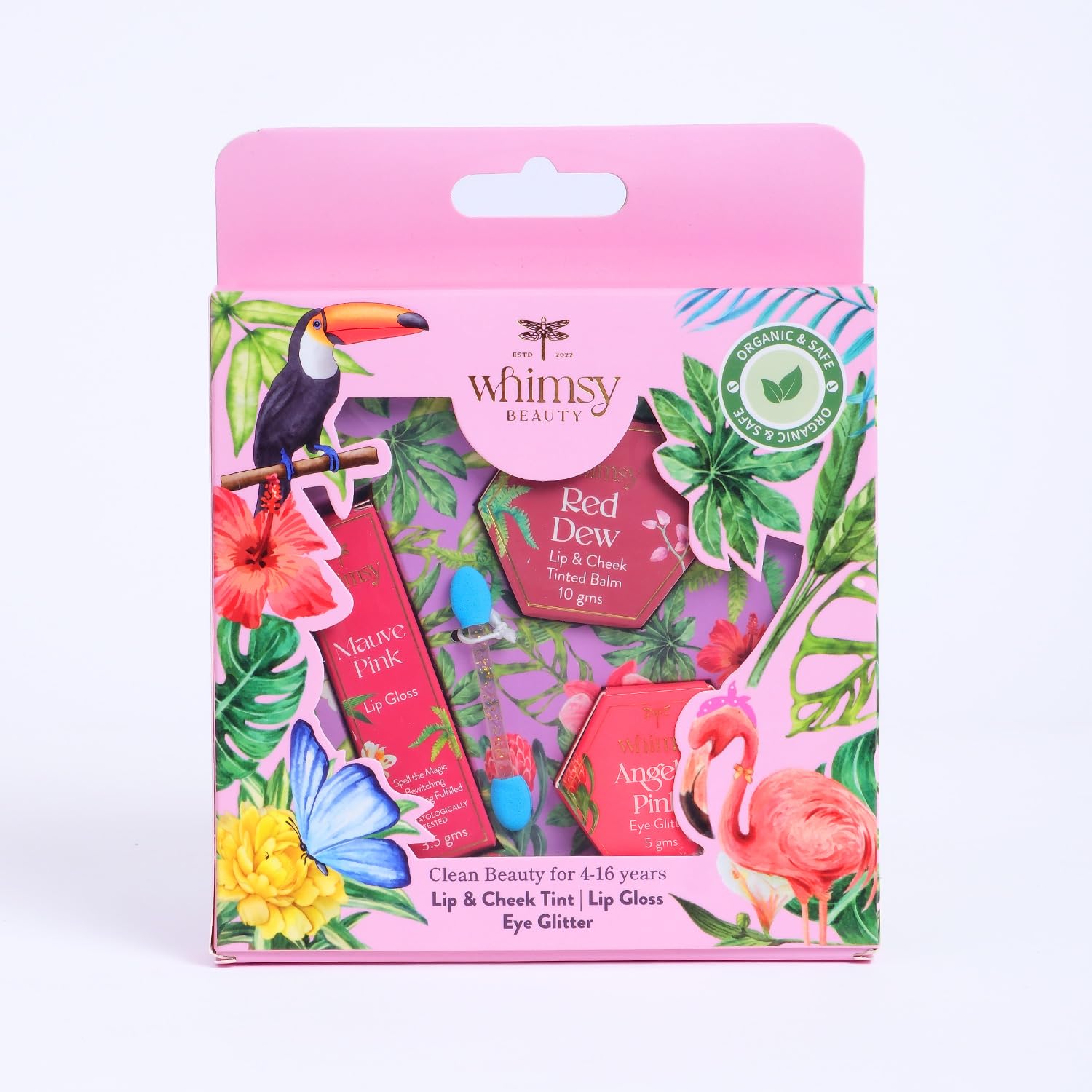 Whimsy Beauty Organic & Safe Kids Makeup Kit | Safe, Non-Toxic Beauty Set for Girls | Includes Lip & Cheek Tint, Lightweight Lip Gloss & Water-Washable Eye Glitter | Birthday Gift