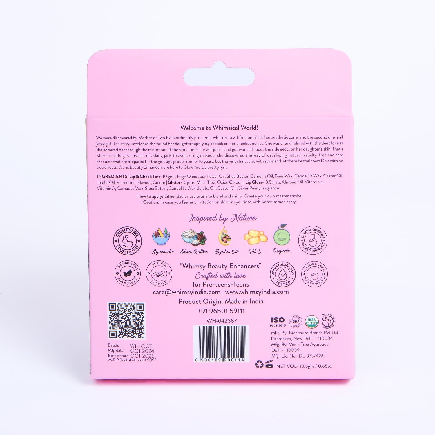 Whimsy Beauty Organic & Safe Kids Makeup Kit | Safe, Non-Toxic Beauty Set for Girls | Includes Lip & Cheek Tint, Lightweight Lip Gloss & Water-Washable Eye Glitter | Birthday Gift